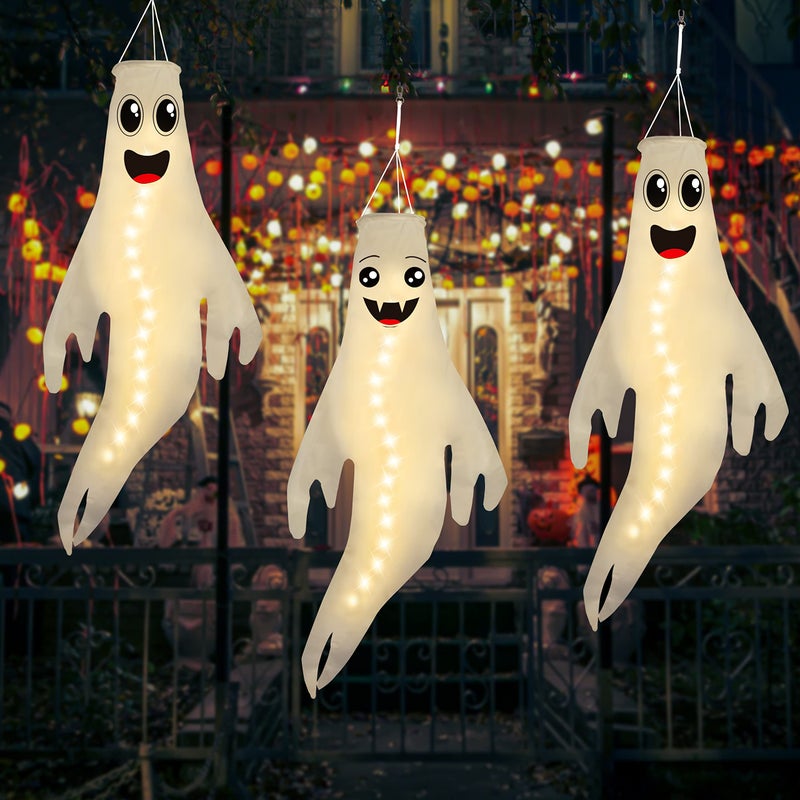 Geefuun 3PCS 43 Inch Halloween Ghost Windsocks Hanging Decorations - Flag Wind Socks for Home Yard Outdoor Decor Party Supplies (Batteries Not Included No Timer) - Image 1
